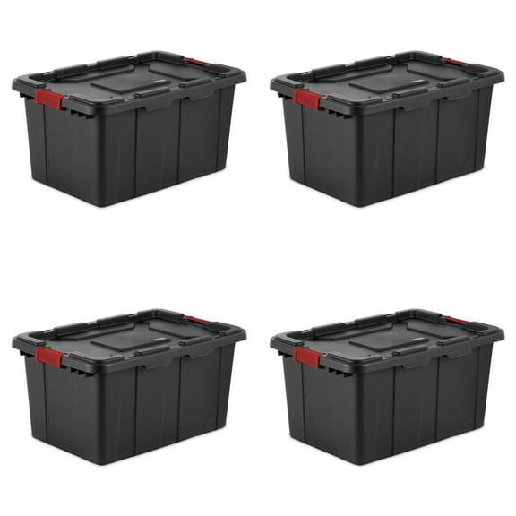Sterilite 27 Gallon Industrial Tote, Rugged Plastic Storage Bin, Latch Lid, Black, 4 Count