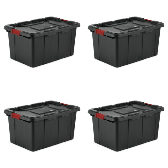 Sterilite 27 Gallon Industrial Tote, Rugged Plastic Storage Bin, Latch Lid, Black, 4 Count