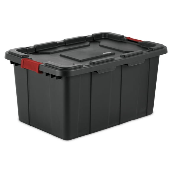 Sterilite 27 Gallon Industrial Tote, Rugged Plastic Storage Bin, Latch Lid, Black