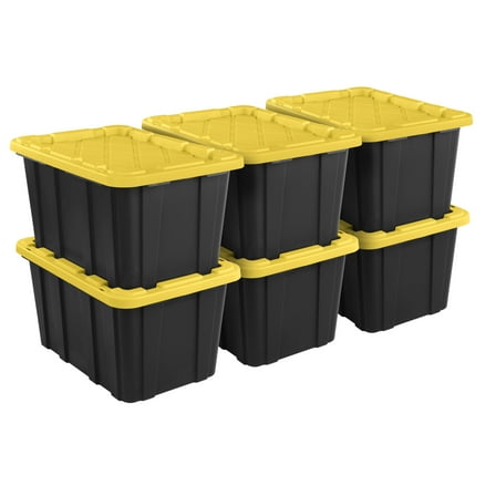 Sterilite Large Storage Bin, 27 Gallon Plastic Storage Container with Snap-On Lid, Black and Yellow, 6 Pack