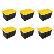 Sterilite 27 Gallon Industrial Tote, Rugged Plastic Storage Bin, Snap-on Lid, Black/Yellow, 6 Count