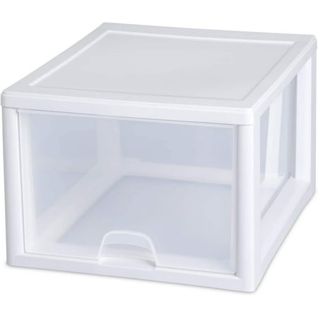 Sterilite 27 Quart Durable Plastic Single Modular Stacking Storage Drawer Container with Clear Bin and White Frame for Household Organization