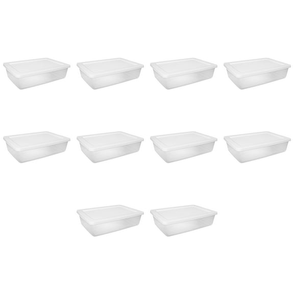 Sterilite Small Storage Bin, 28 Quart Clear Plastic Storage Container with Snap-On Lid, White, 10 Pack