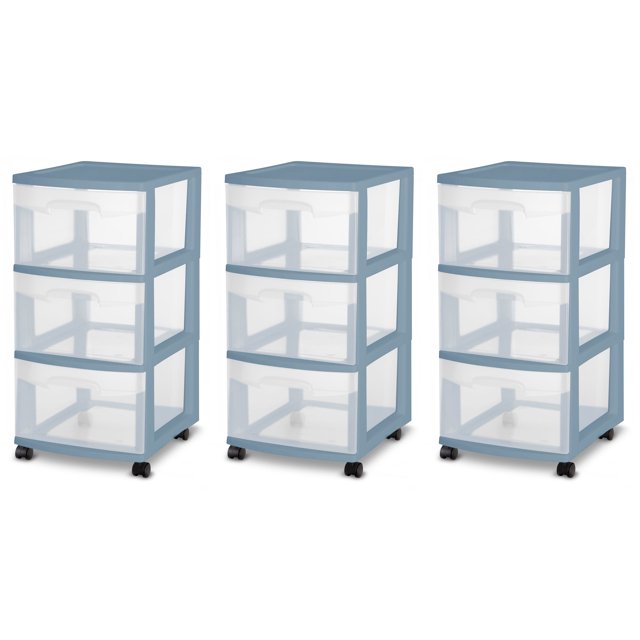 Sterilite 3 Drawer Blue Rolling Caster Wheel Home Organizer Storage