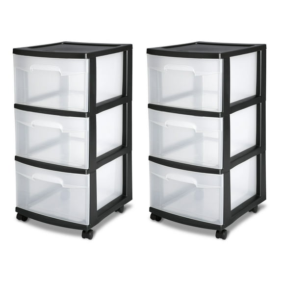 Sterilite 3 Drawer Cart Plastic, Black, Set of 2