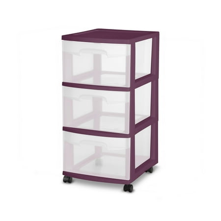 Sterilite 3 Drawer Cart Plastic, Red Currant