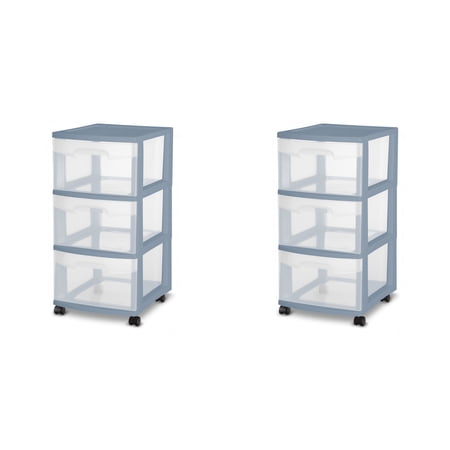Sterilite 3 Drawer Cart Plastic, Washed Blue, Set of 2