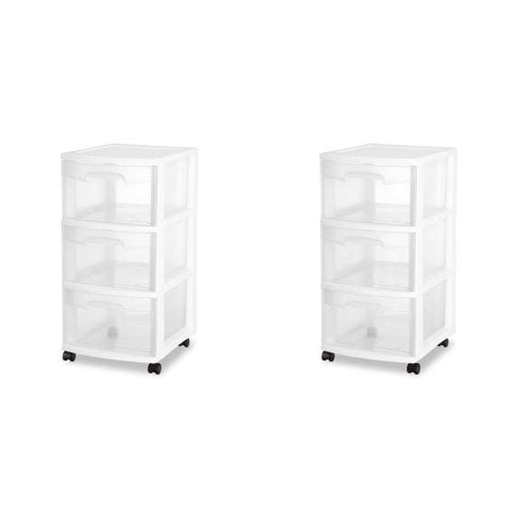 Sterilite 3 Drawer Medium Cart, Clear Plastic Storage Drawers, Wheels Included, White