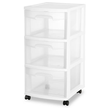Sterilite Storage Drawer, 3 Drawer Slim Plastic Storage Cart with Clear Pull Out Drawers, White