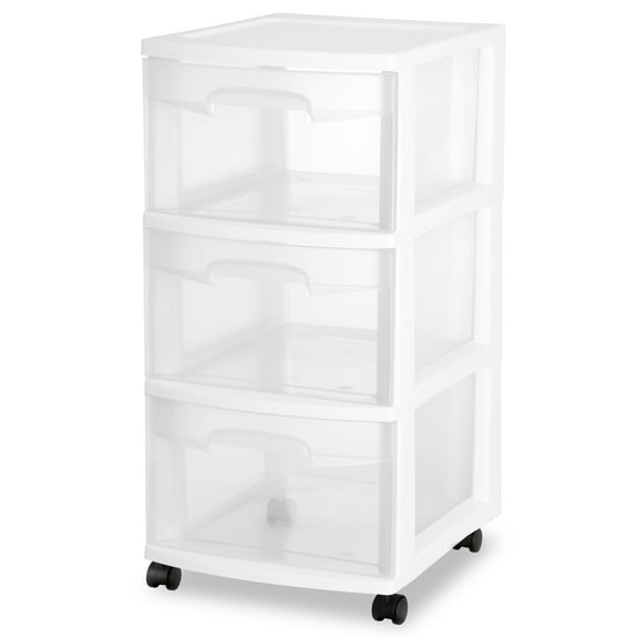 Sterilite 3 Drawer Cart, Clear Plastic Storage Drawers, Wheels Included, White