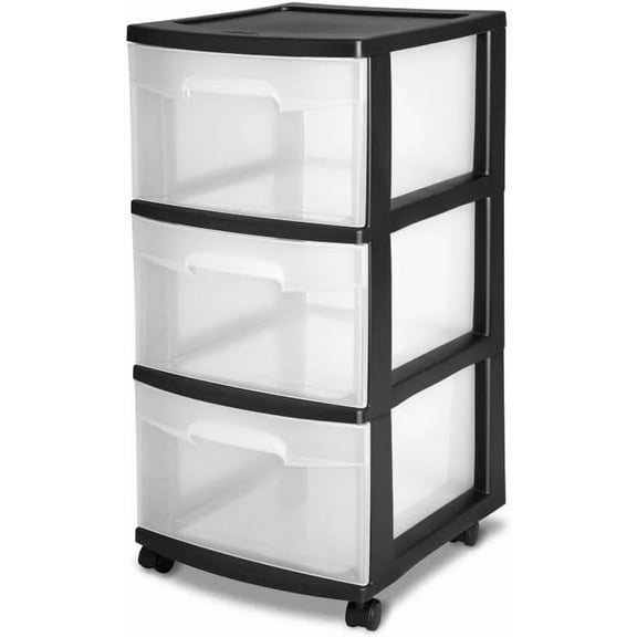 Sterilite 3 Drawer Cart, Clear Plastic Storage Drawers, Wheels Included, Black