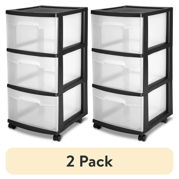 (2 pack) Sterilite 3 Drawer Medium Cart, Clear Plastic Storage Drawers, Wheels Included, Black