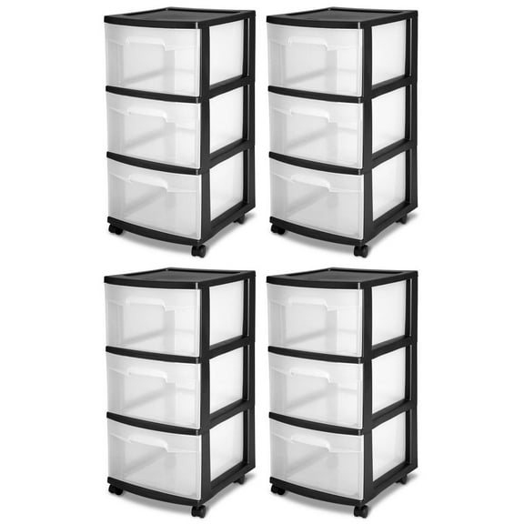 Sterilite 3-Drawer Plastic Rolling Storage Cart, Clear/Black Frame (4-Pack)