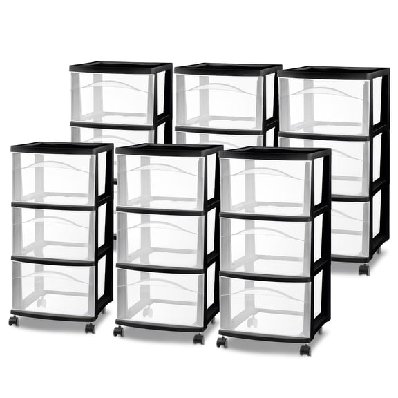 Sterilite 3 Drawer Storage Cart, Plastic Rolling Medium Home Organizer, Black, 6 Pack