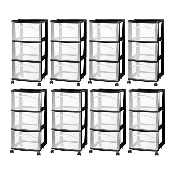 Sterilite 3 Drawer Storage Cart, Plastic Rolling Medium Home Organizer, Black, 8 Pack