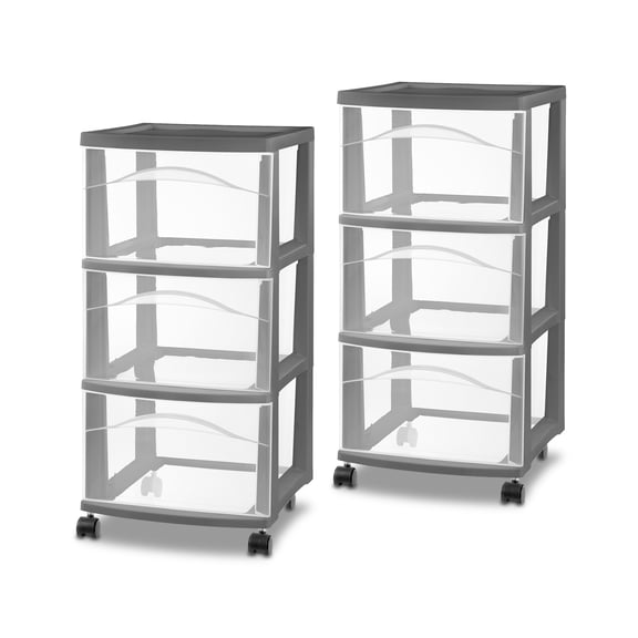 Sterilite 3 Drawer Storage Cart, Plastic Rolling Organization, Flat Gray, 2 Pack