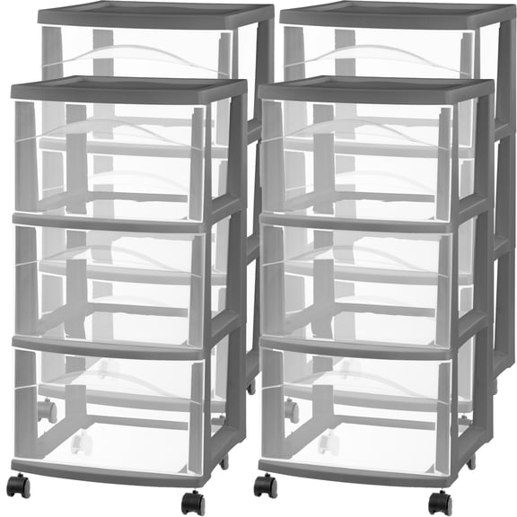 Sterilite 3 Drawer Storage Cart, Plastic Rolling Organization, Flat Gray, 4 Pack