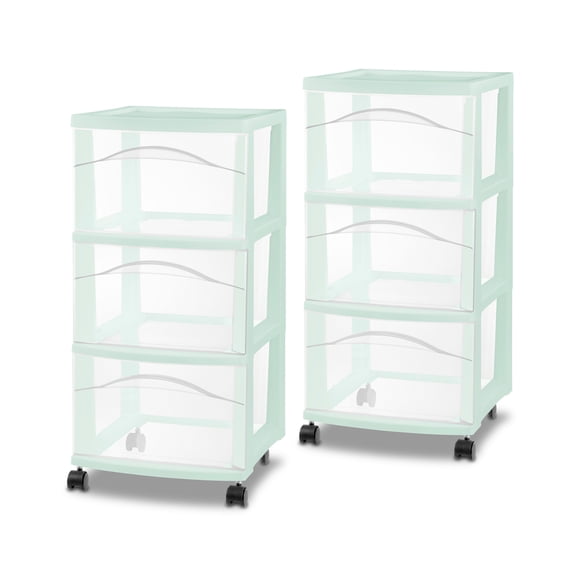 Sterilite 3 Drawer Storage Cart, Plastic Rolling Organization, Mindful Mint, 2 Pack