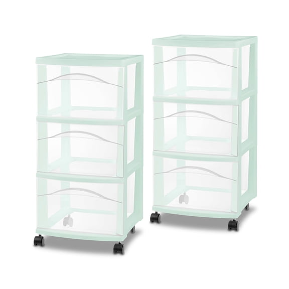 Sterilite 3 Drawer Storage Cart, Plastic Rolling Organization, Mindful Mint, 2 Pack