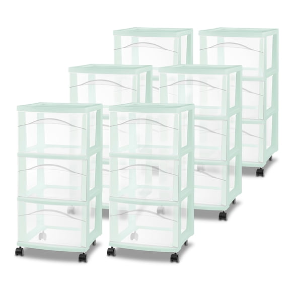 Sterilite 3 Drawer Storage Cart, Plastic Rolling Organization, Mindful Mint, 6 Pack