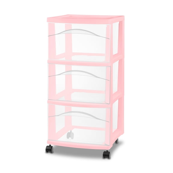 Sterilite 3 Drawer Storage Cart, Plastic Rolling Organization, Pink Frost, 2 Pack