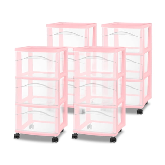 Sterilite 3 Drawer Storage Cart, Plastic Rolling Organization, Pink Frost, 4 Pack