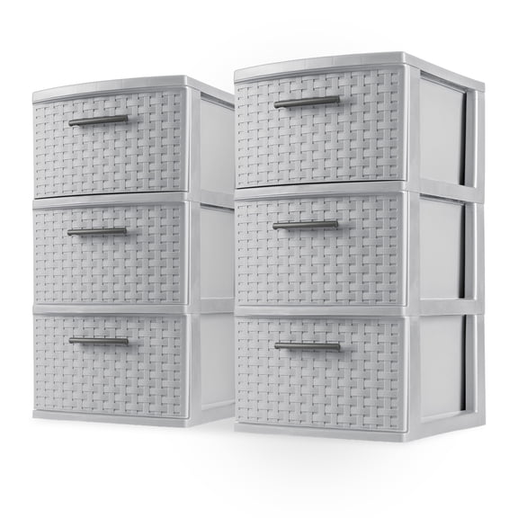 Sterilite 3 Drawer Storage Tower, Plastic Weave Medium Home Organizer, Cement, 2 Pack