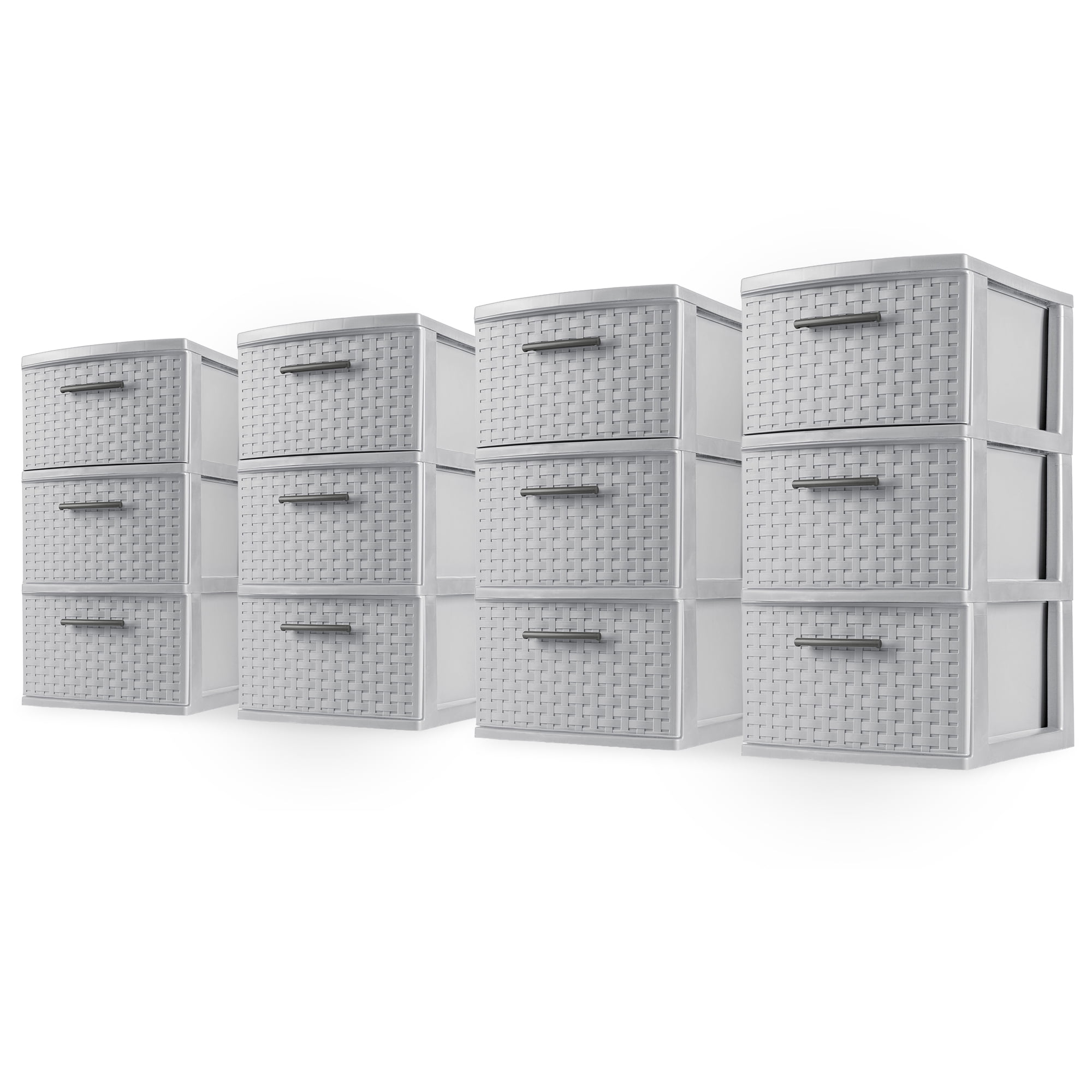 Sterilite 3 Drawer Storage Tower, Plastic Weave Medium Home Organizer, Cement, 4 Pack