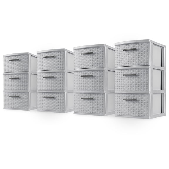 Sterilite 3 Drawer Storage Tower, Plastic Weave Medium Home Organizer, Cement, 4 Pack
