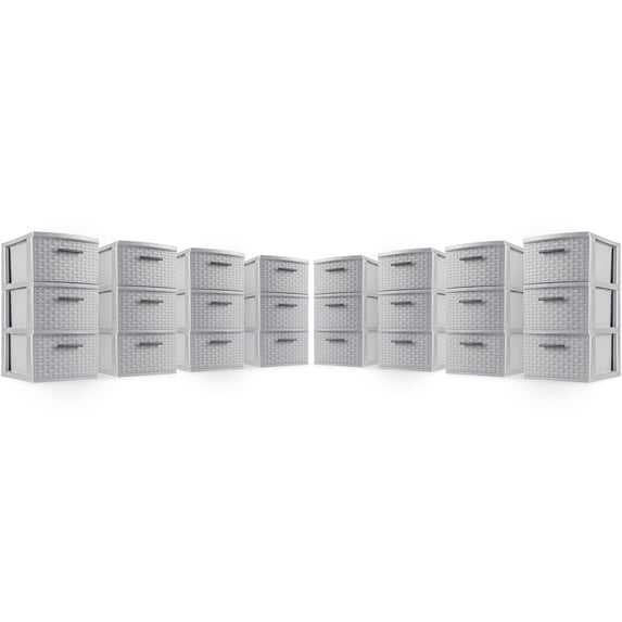 Sterilite 3 Drawer Storage Tower, Plastic Weave Medium Home Organizer, Cement, 8 Pack