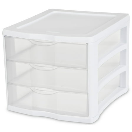 Sterilite 3 Drawer Unit, Clear Plastic Countertop or Desktop Drawers, White