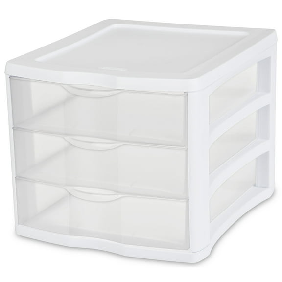 Sterilite 3 Drawer Unit, Clear Plastic Countertop or Desktop Drawers, White