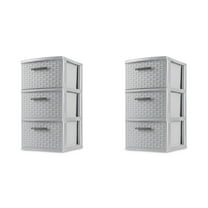 Sterilite 3 Drawer Tower, Slim Plastic Weave 3 Drawer Tower with Pull Handles, Gray, Pack of 2
