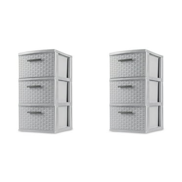 Sterilite 3 Drawer Tower, Slim Plastic Weave 3 Drawer Tower with Pull Handles, Gray, Pack of 2