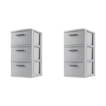 Sterilite 3 Drawer Weave Tower, Plastic Décor Drawers with Pull Handles, Light Gray, 2 Count