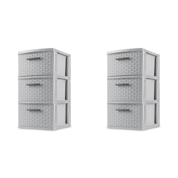 Sterilite 3 Drawer Weave Tower, Plastic Décor Drawers with Pull Handles, Light Gray, 2 Count