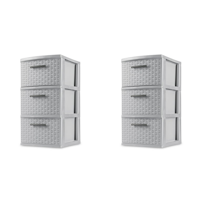 Sterilite 3 Drawer Weave Tower, Plastic Décor Drawers with Pull Handles, Gray, 2 pack