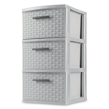 Sterilite 3 Drawer Tower, Slim Plastic Weave 3 Drawer Tower with Pull Handles, Gray, Pack of 2