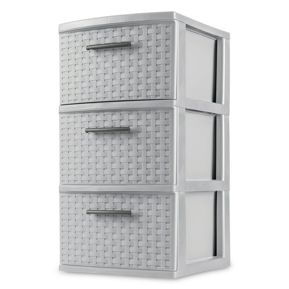 Sterilite 3 Drawer Weave Tower, Plastic Décor Drawers with Pull Handles, Gray
