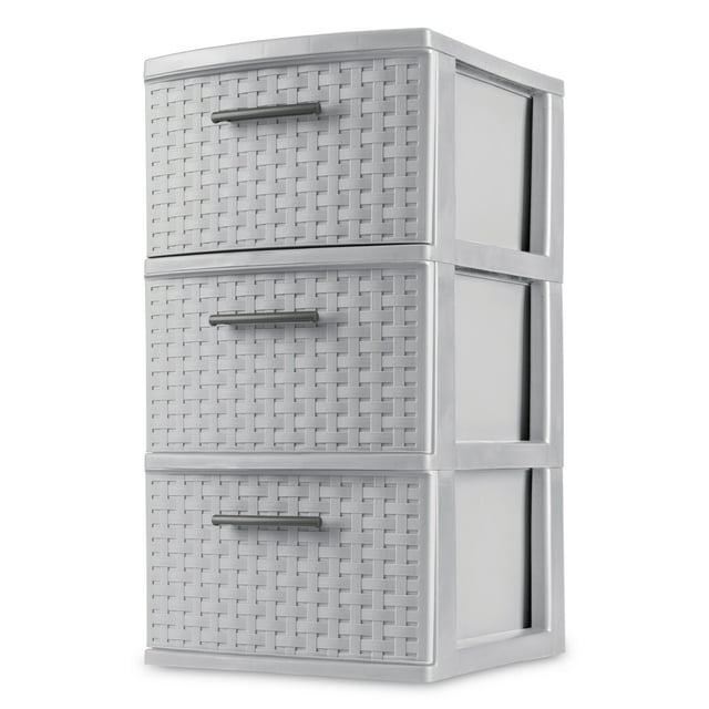 Sterilite 3 Drawer Tower, Slim Plastic Weave 3 Drawer Tower with Pull Handles, Gray, Pack of 2