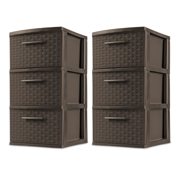 Sterilite 3 Drawer Weave Tower, Plastic Décor Drawers with Pull Handles, Brown, 2 Pack