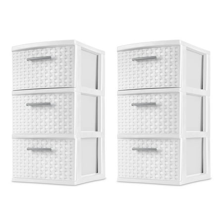 Sterilite 3 Drawer Weave Tower, Plastic Décor Drawers with Pull Handles, White, 2 Count