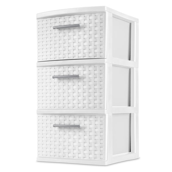 Sterilite 3 Drawer Weave Tower, Plastic Décor Drawers with Pull Handles, White