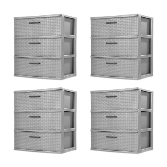 Sterilite 3 Drawer Wide Storage Tower, Plastic Weave Organizer, Cement, 4 Pack