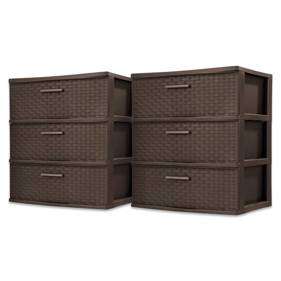 Sterilite 3 Drawer Wide Weave Plastic Storage Tower Home Organizer, Espresso, 2 Pack