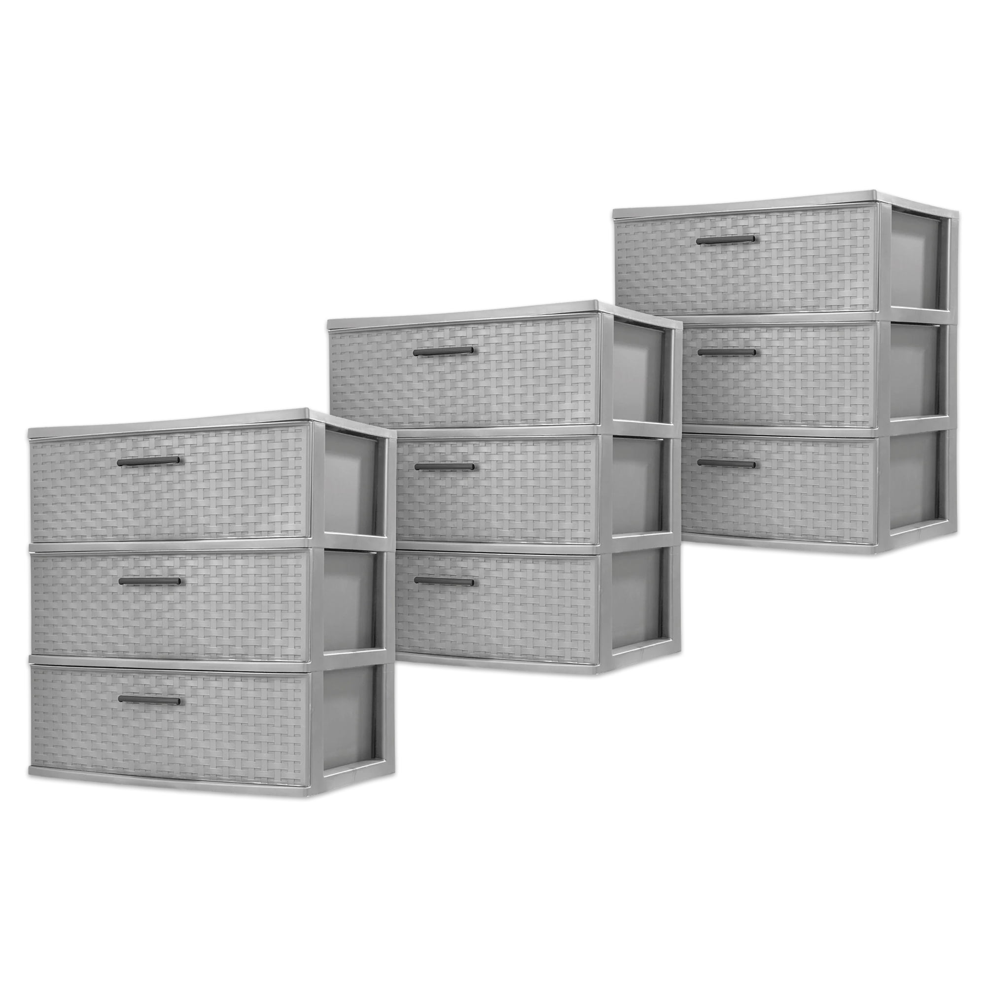 Sterilite 3 Drawer Wide Weave Plastic Storage Tower Home Organizer, Gray, 3 Pack