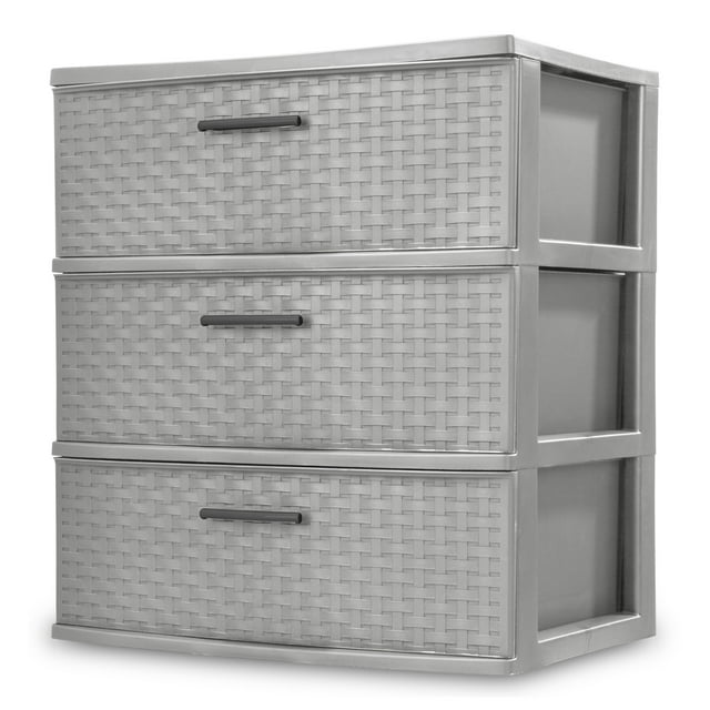 Sterilite Storage Drawer, 3 Drawer Plastic Weave Wide Tower with Pull Handles, Gray