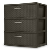 Sterilite Storage Drawer, 3 Drawer Plastic Weave Wide Tower with Pull Handles, Brown