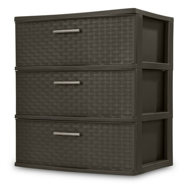 Sterilite Storage Drawer, 3 Drawer Plastic Weave Wide Tower with Pull Handles, Brown