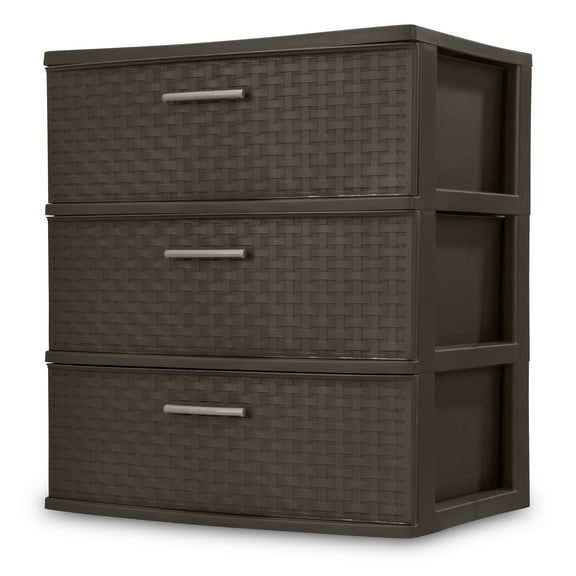 Sterilite 3 Drawer Wide Weave Tower, Plastic Décor Drawers with Pull Handles, Brown